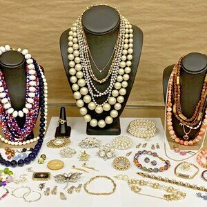 Vintage Estate 81pc Jewelry Lot Ring Necklaces Bracelets Pins Brooches Earrings